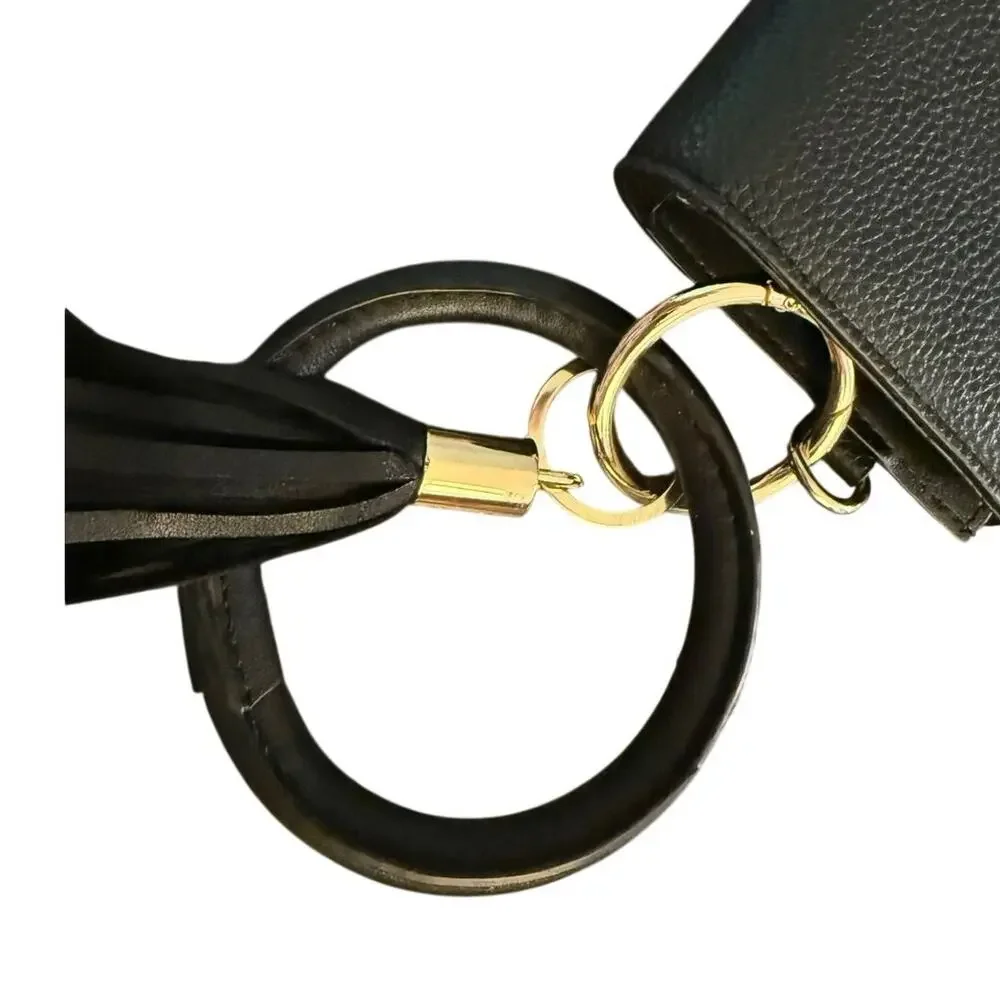 Nanette Lepore Black Pebbled Faux Leather Wristlet Wallet Clutch Gold Tone